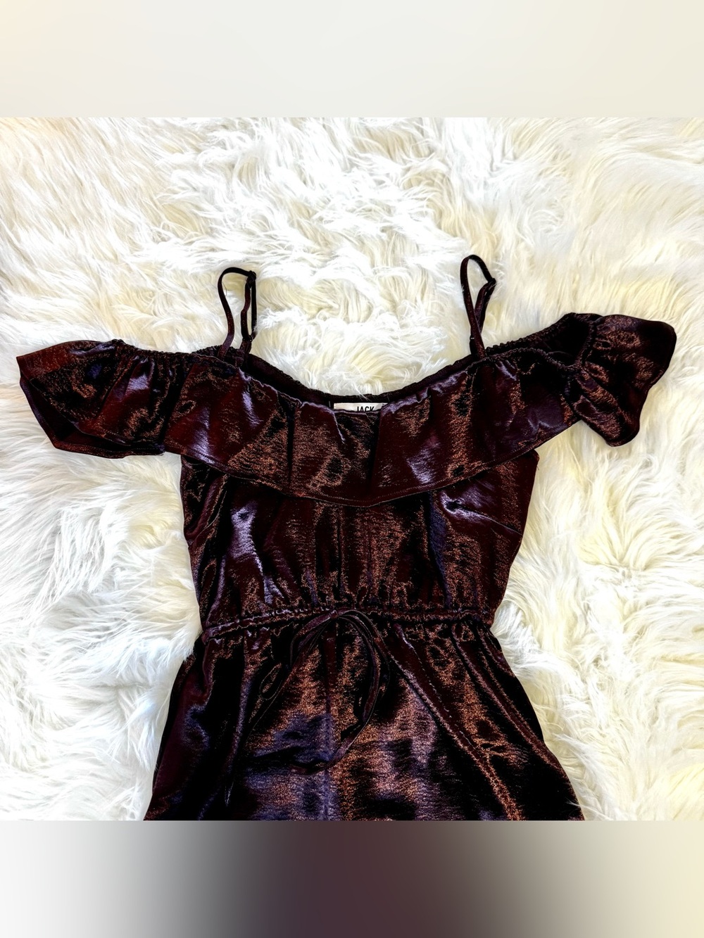 Jack by BB Dakota Burgundy Satin Off Shoulder Ruffle Mini Dress XS - Picture 3 of 14